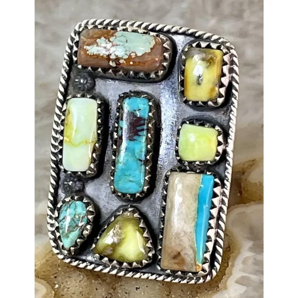 Sterling Silver Multi Turquoise Variscite Cobblestone Cluster Ring Southwestern